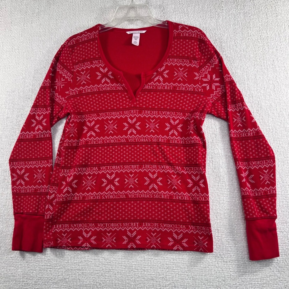 Victoria's Secret Red Fair Isle Snowflake Thermal Henley Pajama Top Women's L G